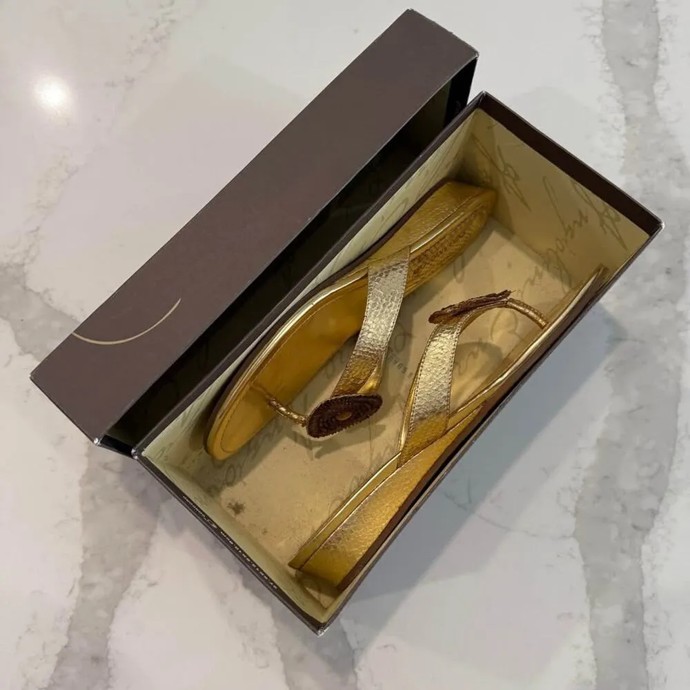 Enzo Angiolini Eanetta Sandals Women's 8 Stacked Wedge Heel Jeweled Beaded Gold - Image 10