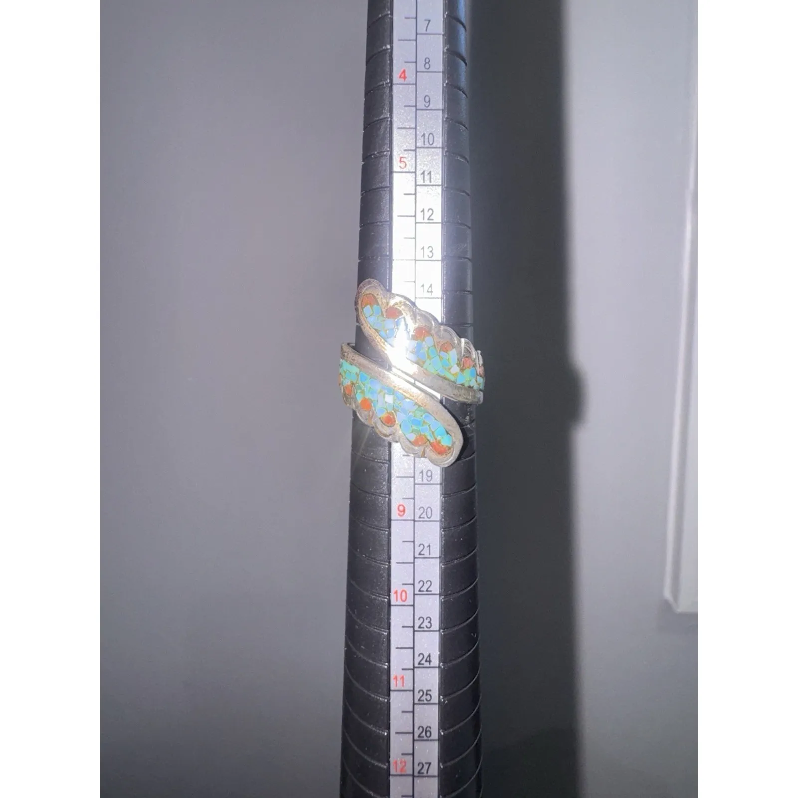 STERLING SILVER NATIVE AMERICAN NAVAJO 925 TURQUOISE & CORAL INLAY WRAP RING LB Blue - Image 3