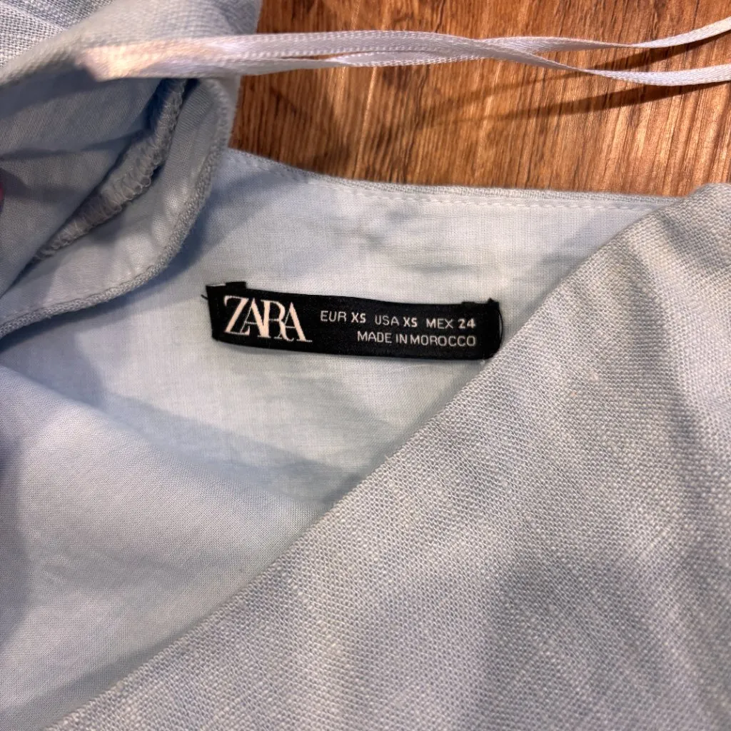 Zara One Shoulder Crop Top Cut Out Linen Blend Ruched Sides Denim Blue Womens XS - Image 4