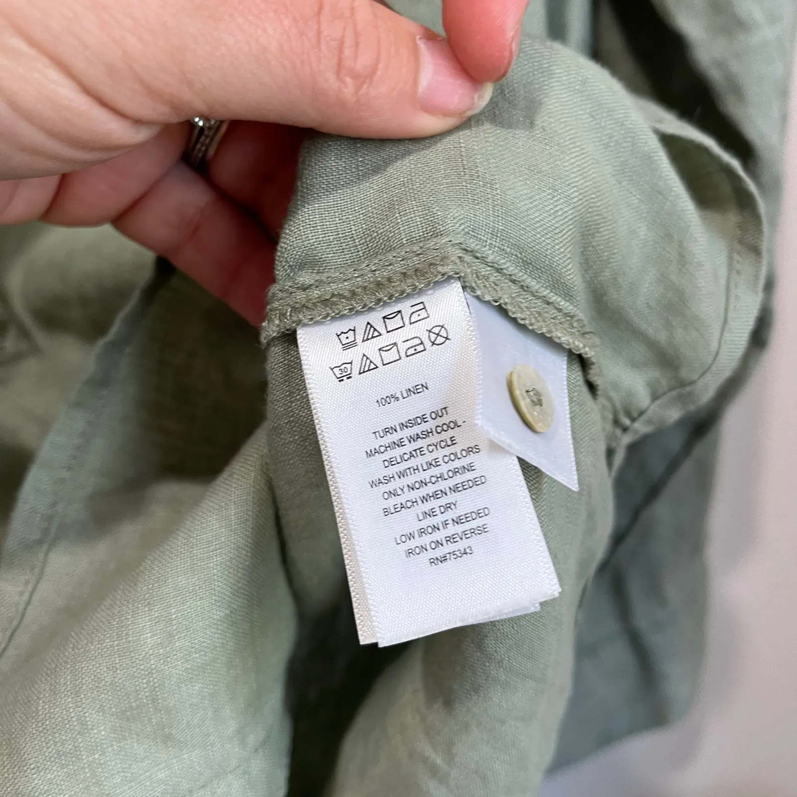 Sigrid Olsen 100% Linen Shirt Size L Green Button Up Coastal Grandma Chic - Image 7