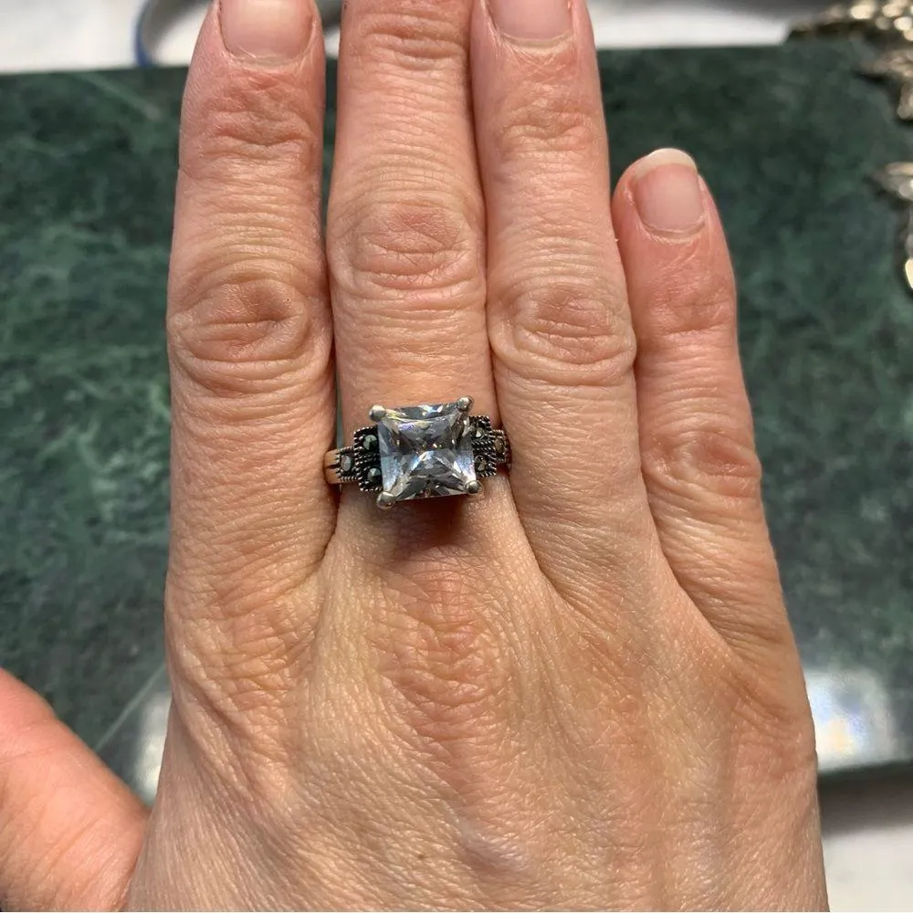 Princess Cut Cubic Zirconia And Marcasite VTG Engagement Ring Repro Size 8.5 Silver - Image 8