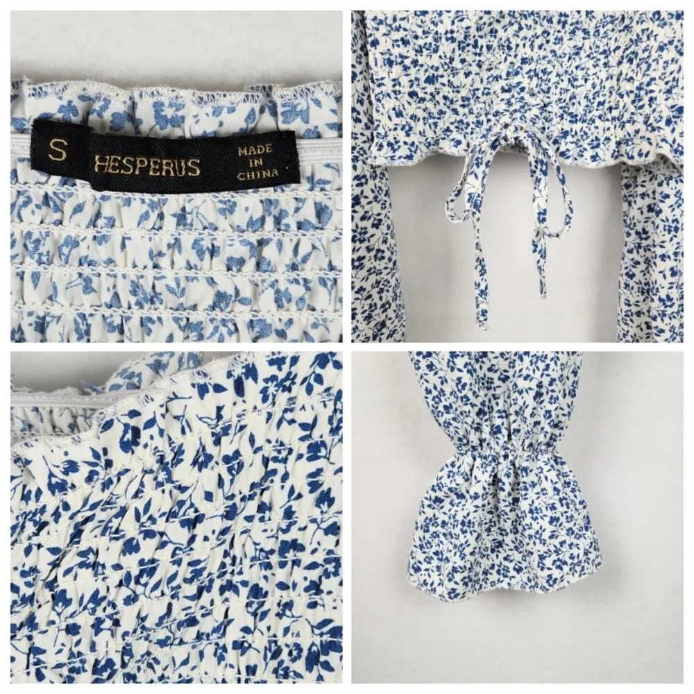 Hesperus Long Sleeve Floral Puff Sleeve Crop Top Size S White Blue - Image 3