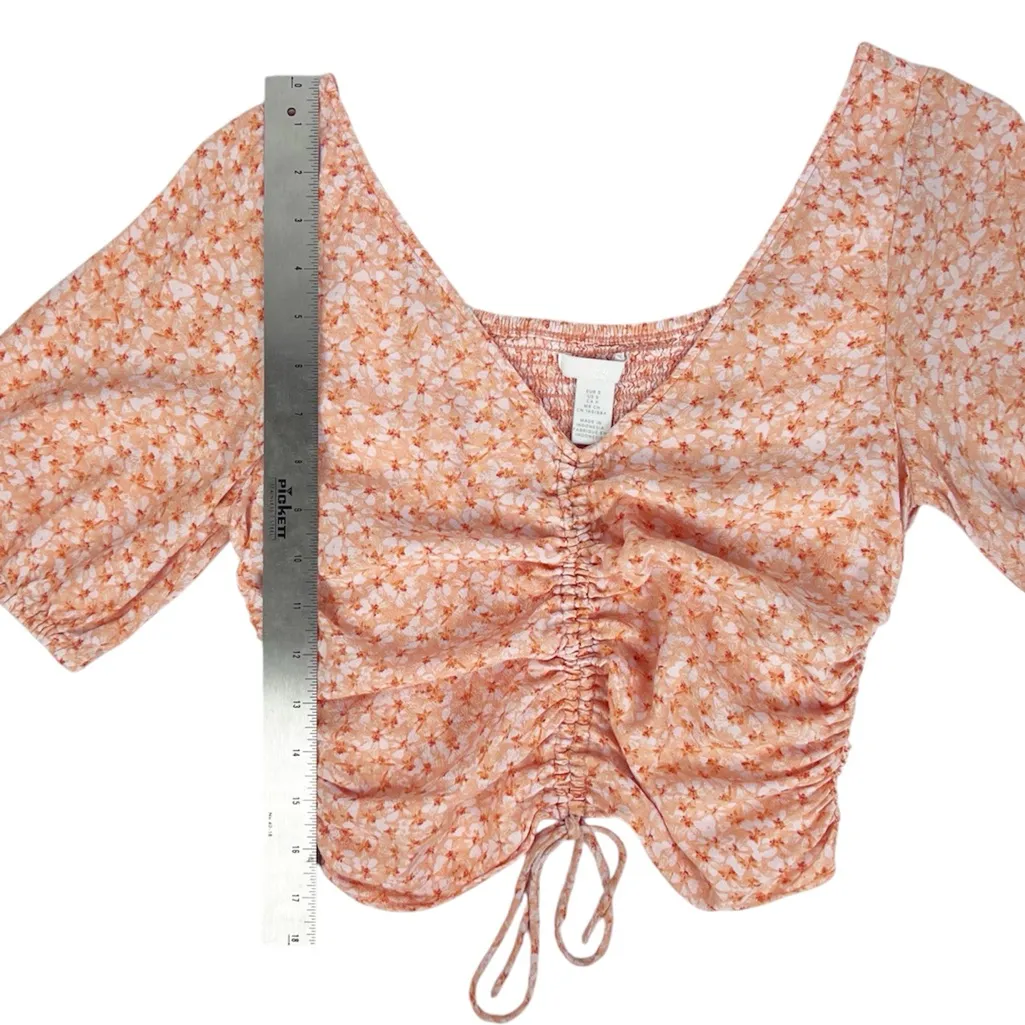 H&M Orange Floral Smocked Short Puff Sleeve Crop Top‎ Cinched Front Size Small - Image 4