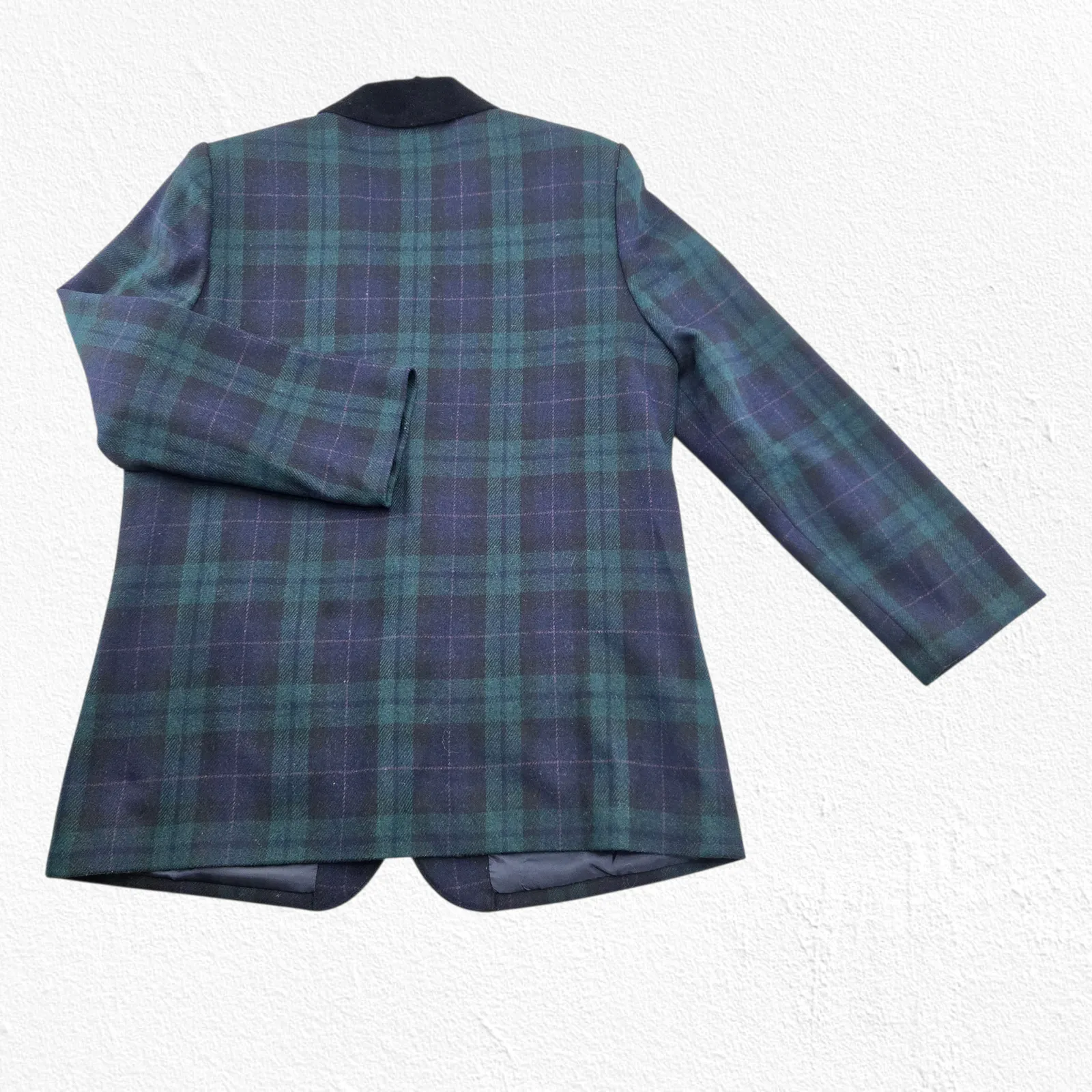 Vintage Black Watch Tartan Green Plaid Wool Blend Blazer Velvet Collar Size 14 - Image 7