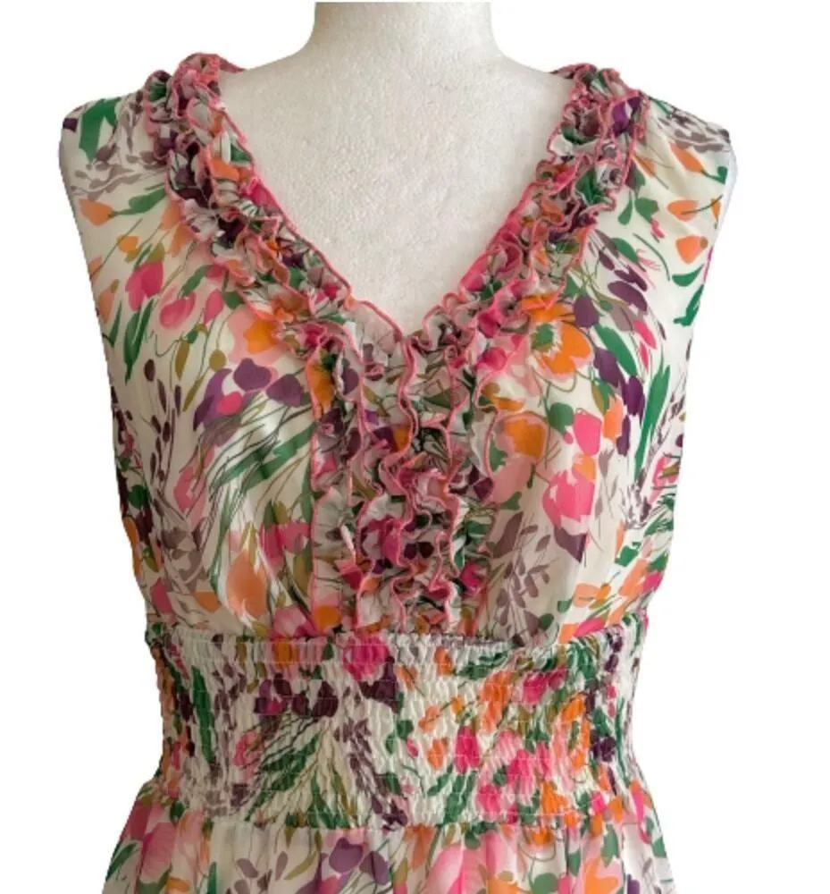 Dress Barn Dress Floral Garden Ruffled V-Neck Sleeveless Smocked Waist Size 8 - Image 3