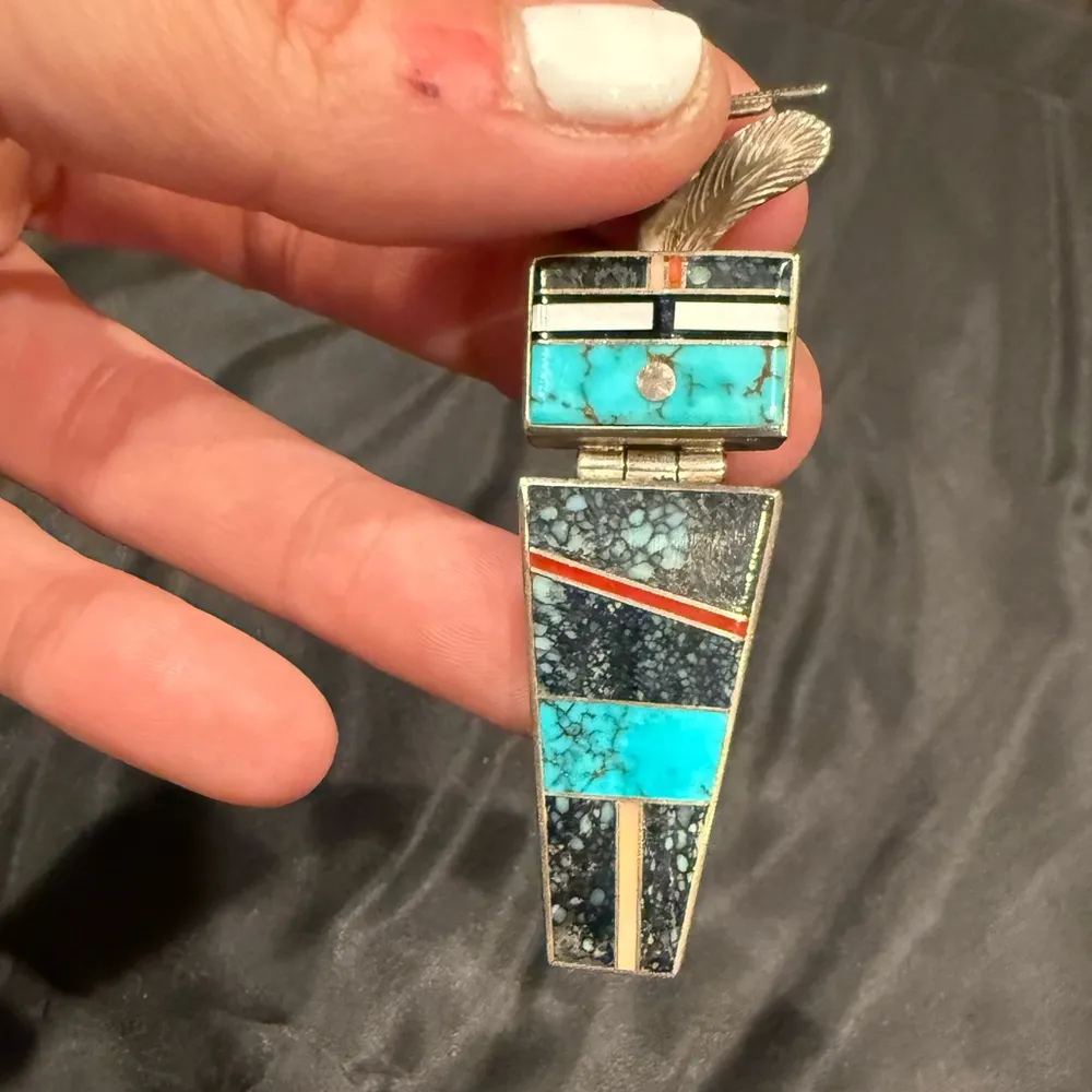 Larry M Chavez Navajo sterling High grade turquoise, Coral yei pendant Blue - Image 7