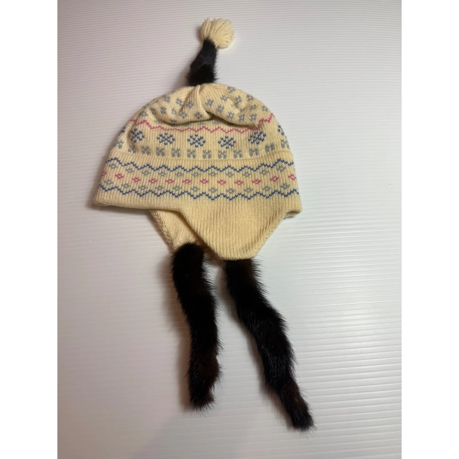 Murray Merkley Handmade Wool Hat Fair Isle Fur Trim Winter Trapper‎ Tan - Image 2