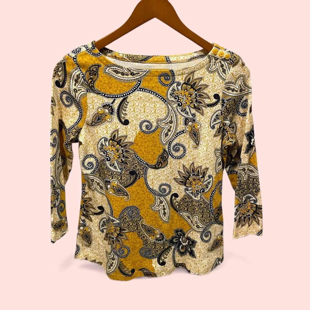 Cute soft pima cotton mustard seed paisley floral 3/4 sleeve boat neck top - Image 2