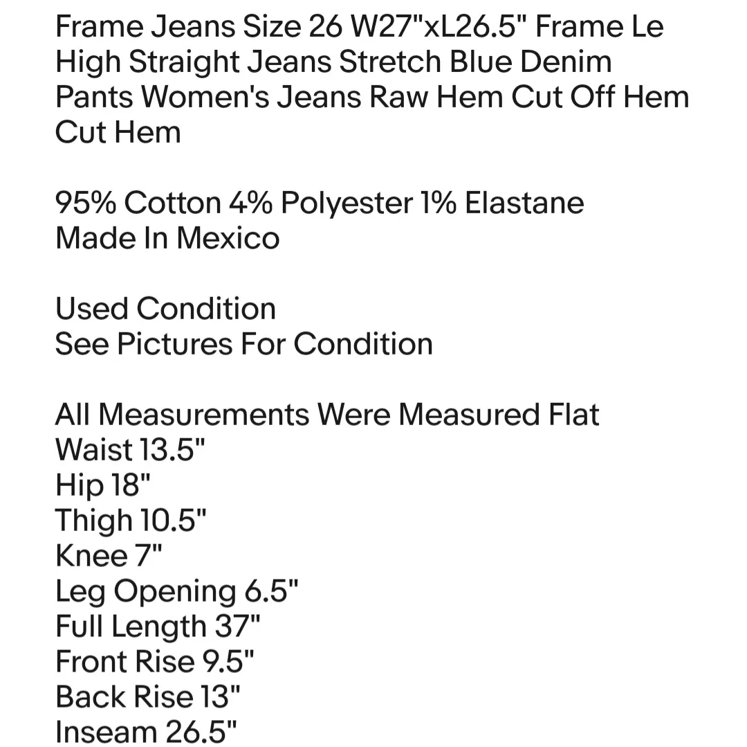 Frame Jeans Size 26 W27"xL26.5" Frame Le High Straight Jeans Stretch Blue Denim Pants Women's - Image 2