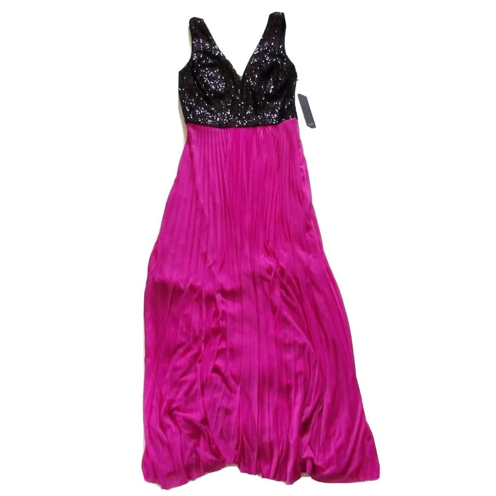 NWT Nicole Miller Black Sequin Bodice Magenta Pink Pleated Mesh Dress Gown 6 - Image 3