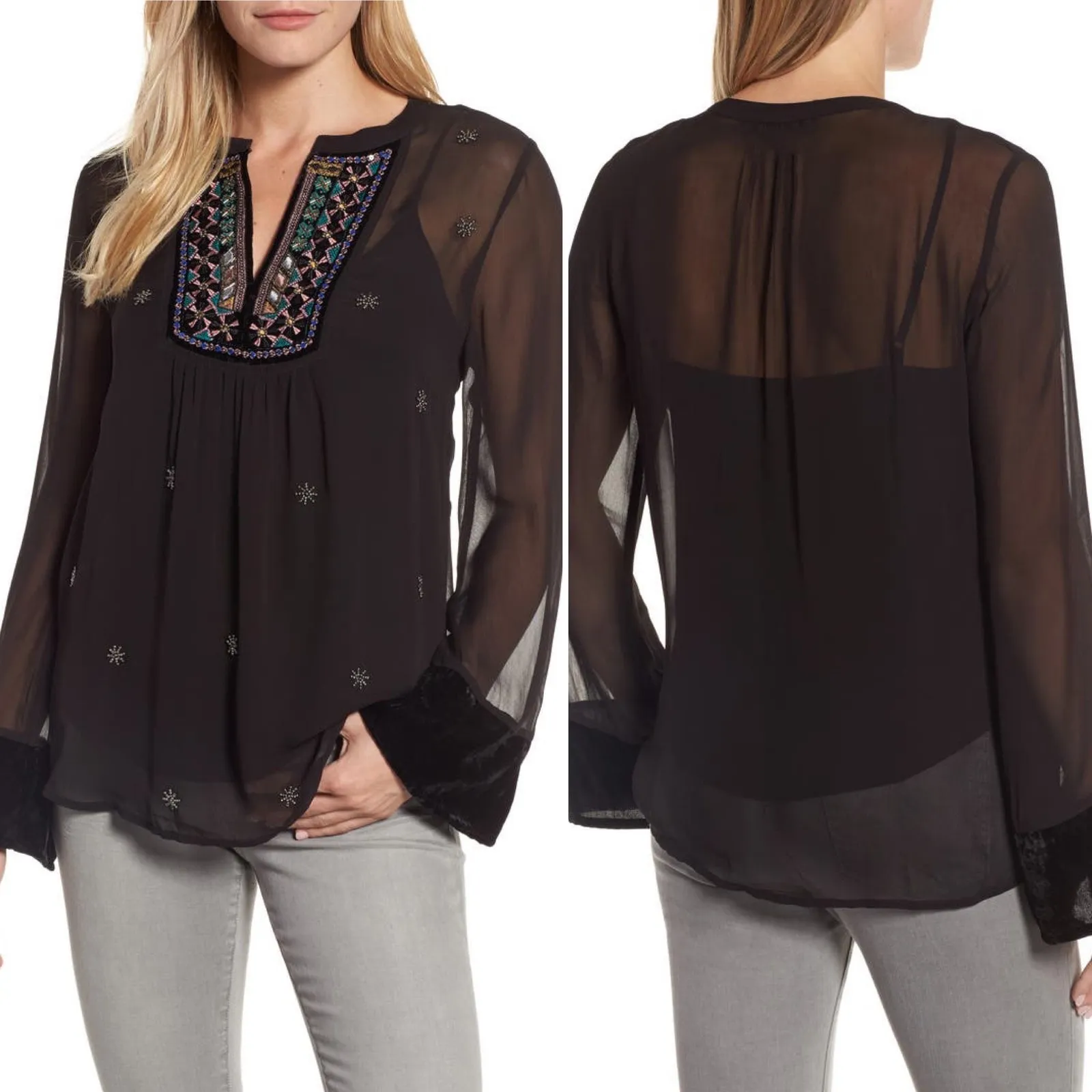 Velvet by Graham & Spencer Becky Beaded Velvet Georgette‎ Black Sheer Blouse XS - Image 2