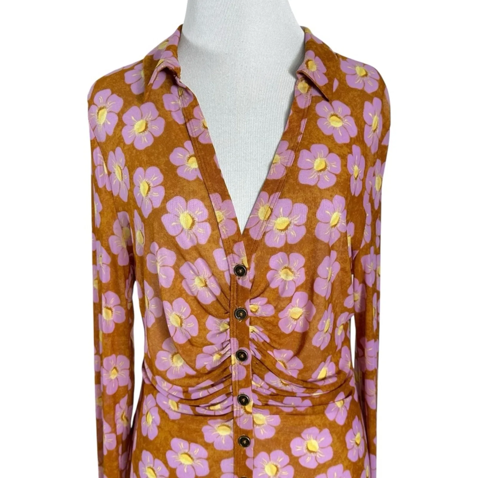 Free People Lucky Shirtee Floral Button Up Shirt Coffee Sheer Mesh 70s XS NWT - Image 7