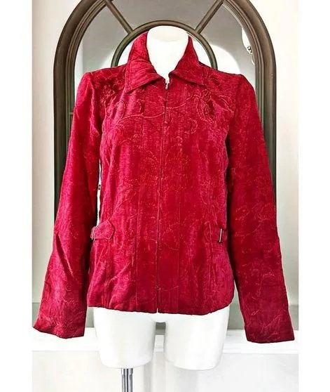 Christopher & Banks Floral Corduroy Front Zip Jacket in Red, Size L EXCELLENT - Image 1
