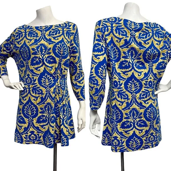 J McLaughlin Women's Large Blue Gold Tunic Dress Floral Boat Neck Stretch Boho - Image 2