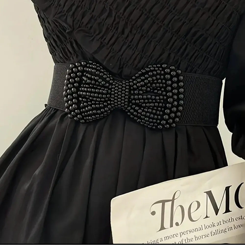 Black Faux Pearl Bowknot Wide Belt Elegant Solid Color Elastic Waistband Classic - Image 3