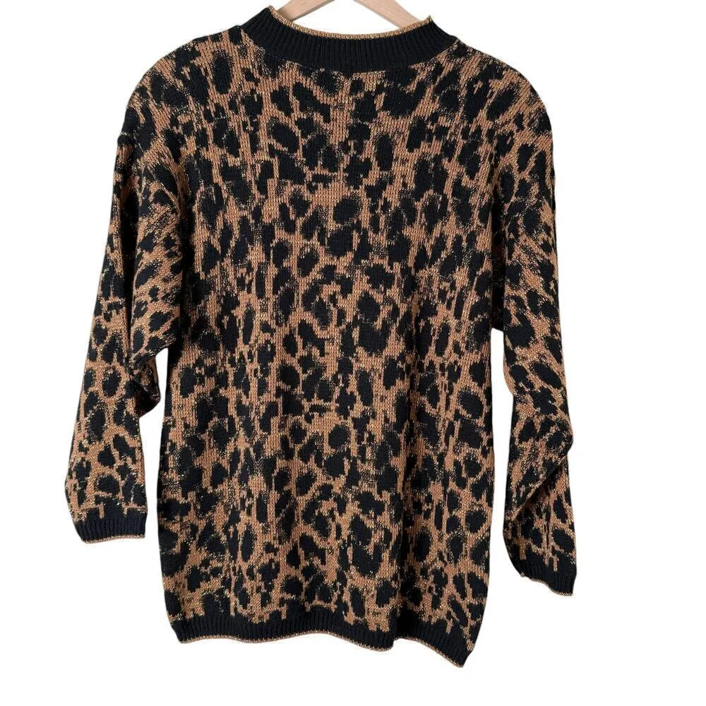 Vintage 80s Crewneck Leopard Pullover Knit Sweater Black Brown Metallic Gold, L Size L - Image 9
