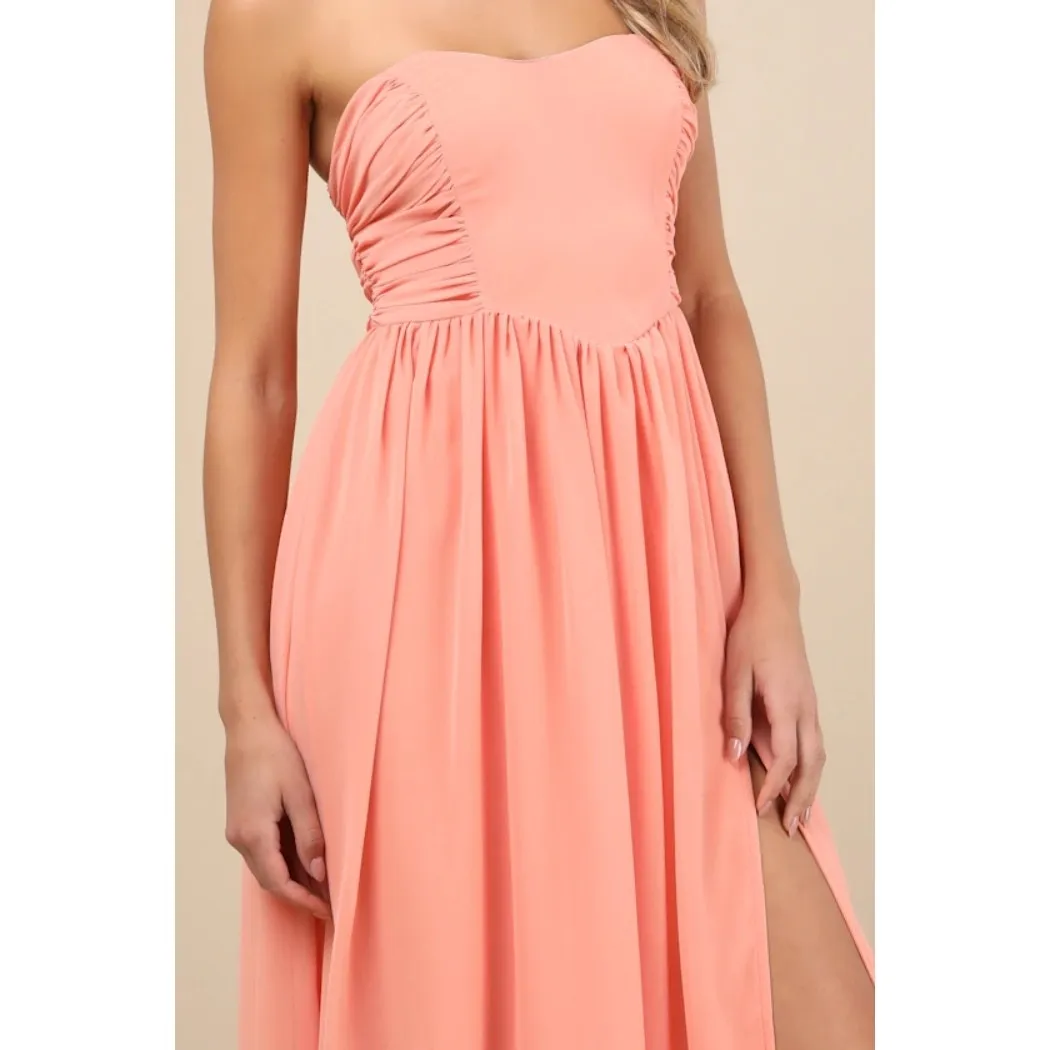 NWT Lulus Luxe Favorite Peach Pink Strapless Ruched Maxi Dress Bridesmaid Size M - Image 7