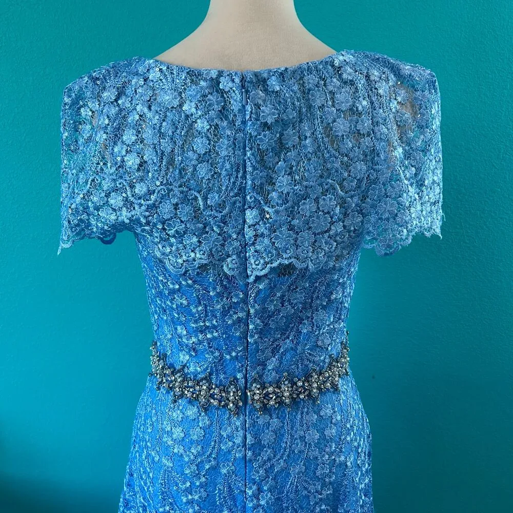 NWT Mac Duggal Blue Lace Ruffled Rhinestone Waist Maxi Gown Formal Prom Size 4 - Image 6