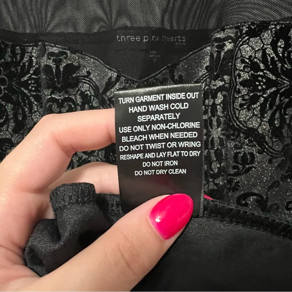 Three Pink Hearts Paisley Black Silver Mini Cocktail Dress Illusion Neckline M - Image 12