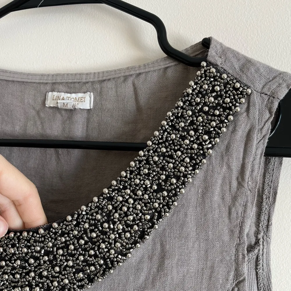 [Lina Tomei] Linen Gray Jeweled Neckline Dress - Image 5