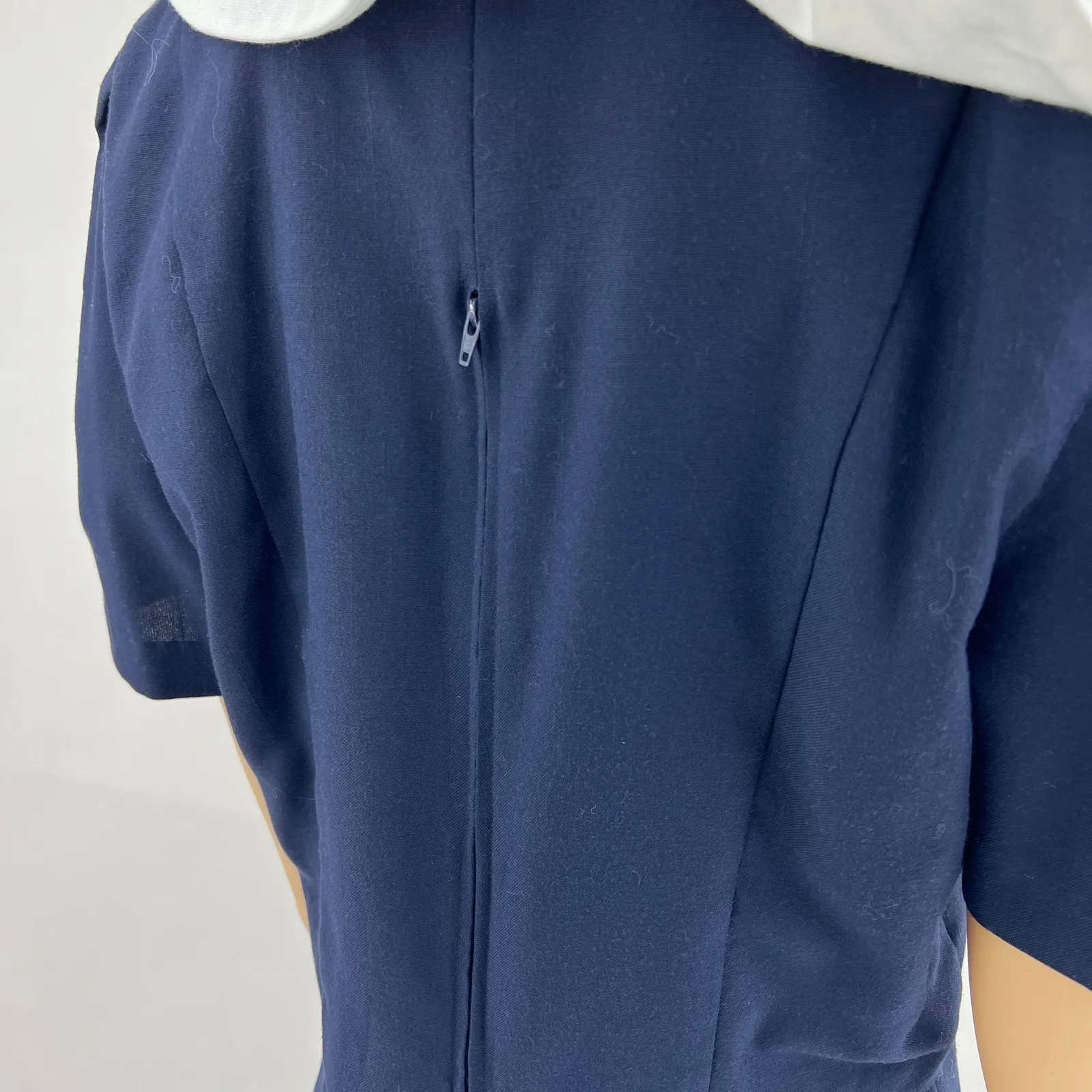 VINTAGE US 14 90's Navy Blue White Bow Collared Sheath Dress Sunshine Starshine - Image 6