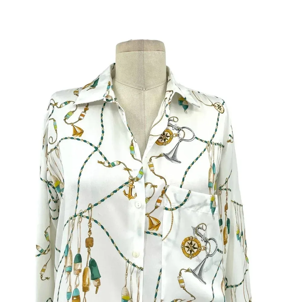 Zara Button Down Nautical Chain Printed Long Sleeve‎ Blouse White Size Small - Image 4