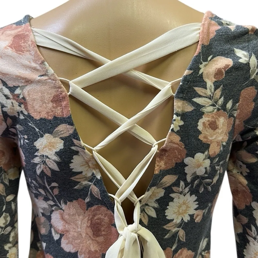 Gray Floral Print Ribbon Lace Up Back Long Sleeve V Neck Mini Dress Womens Small - Image 5