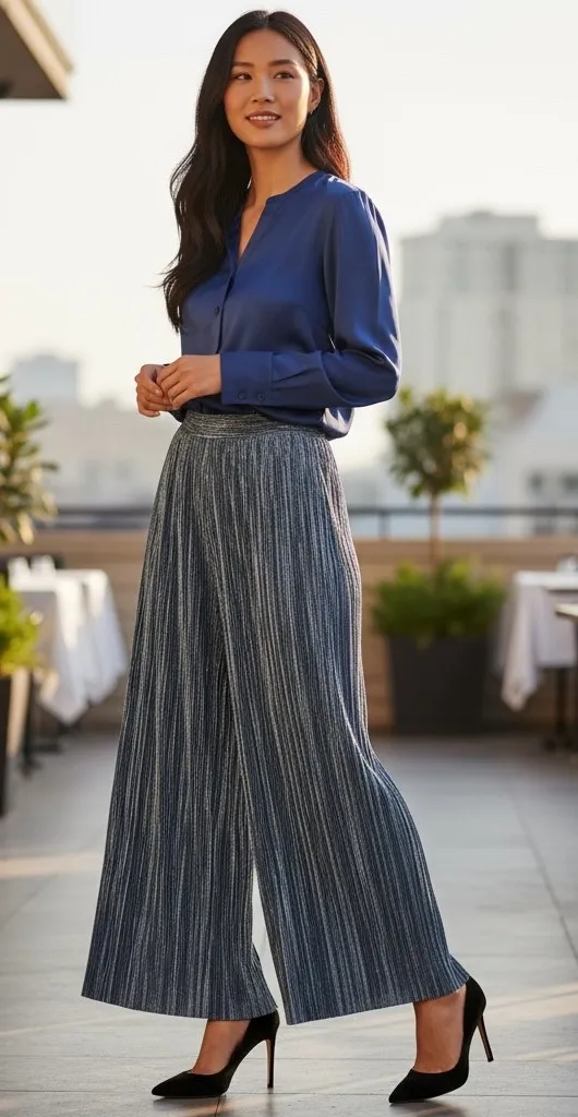 Sabina Musayev Metallic Blue Plisse Pants XS Split Hem Cocktail Wide Leg $230 - Image 2