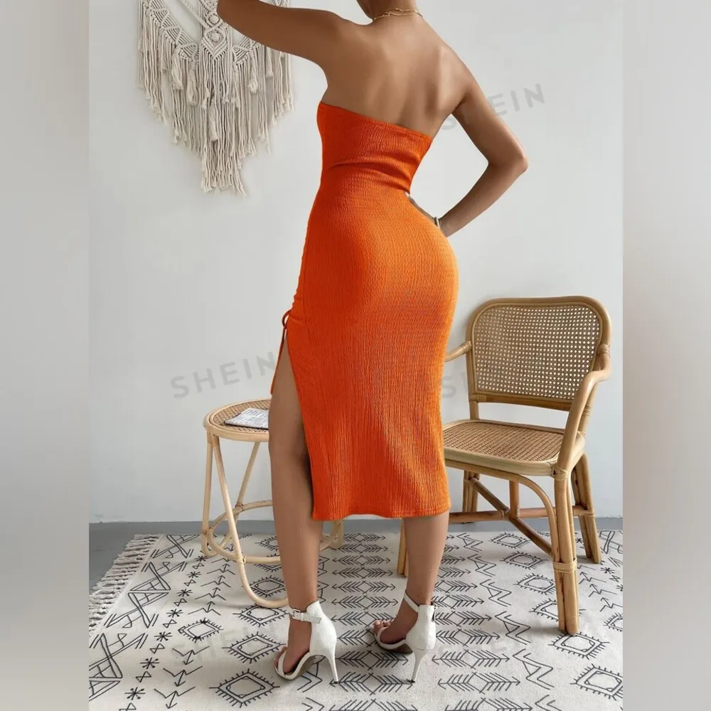 SHEIN Privé Ring Linked Cut Out Drawstring Split Thigh Tube Dress - Image 3