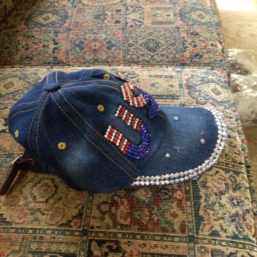 Womens Patriotic Bling Medium Wash Denim Trucker Hat Blue - Image 2