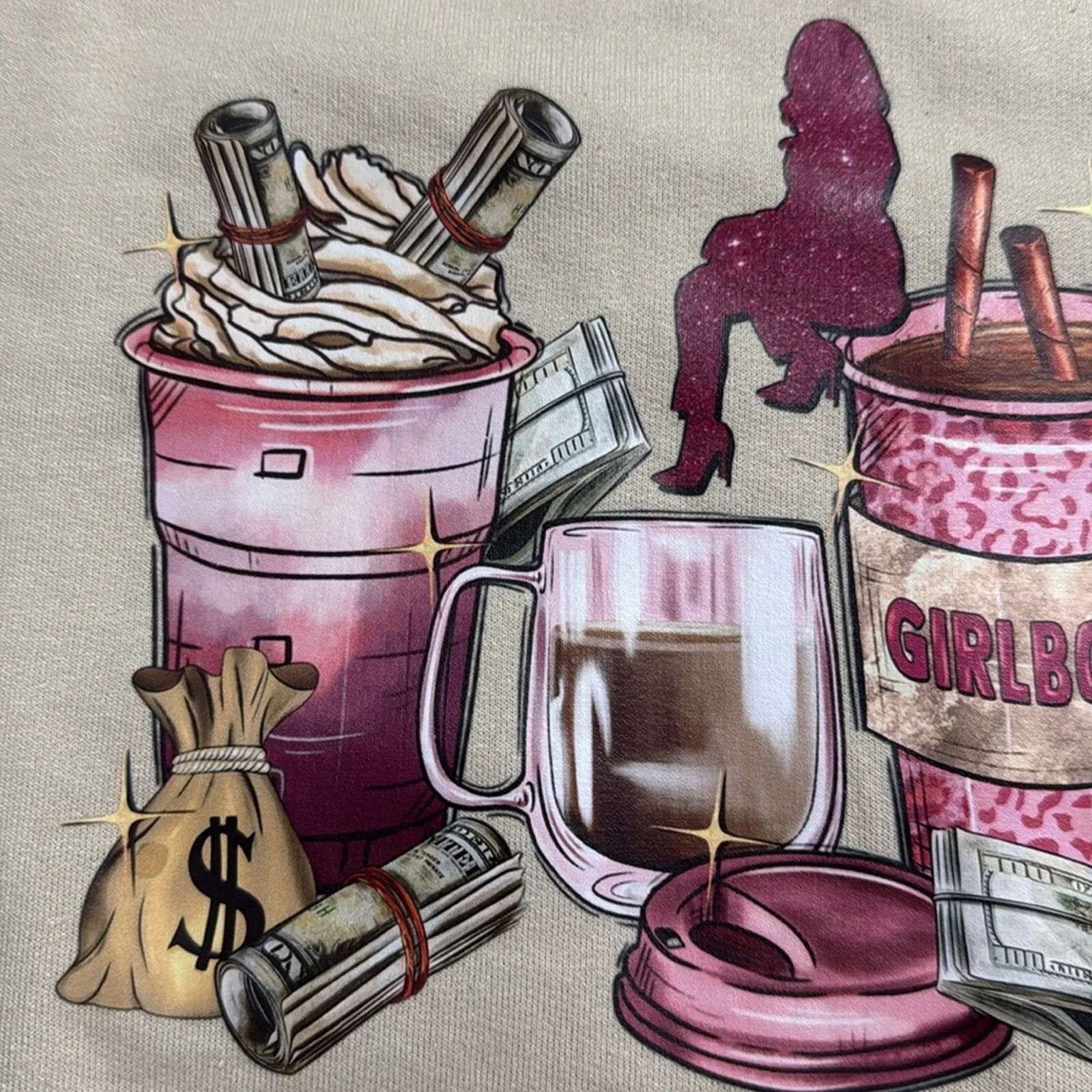 GILDAN Cream Graphic Women's Sweater. GIRL BOSS money coffee purses pink growth - Image 6