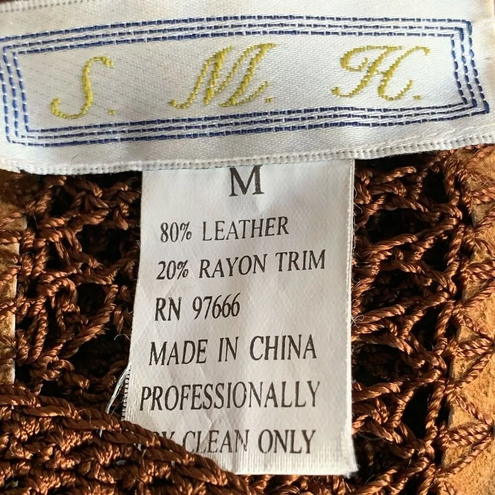 Vintage Brown Crochet Trim Leather Mesh Cardigan Jacket Crewneck Medium Festival - Image 8