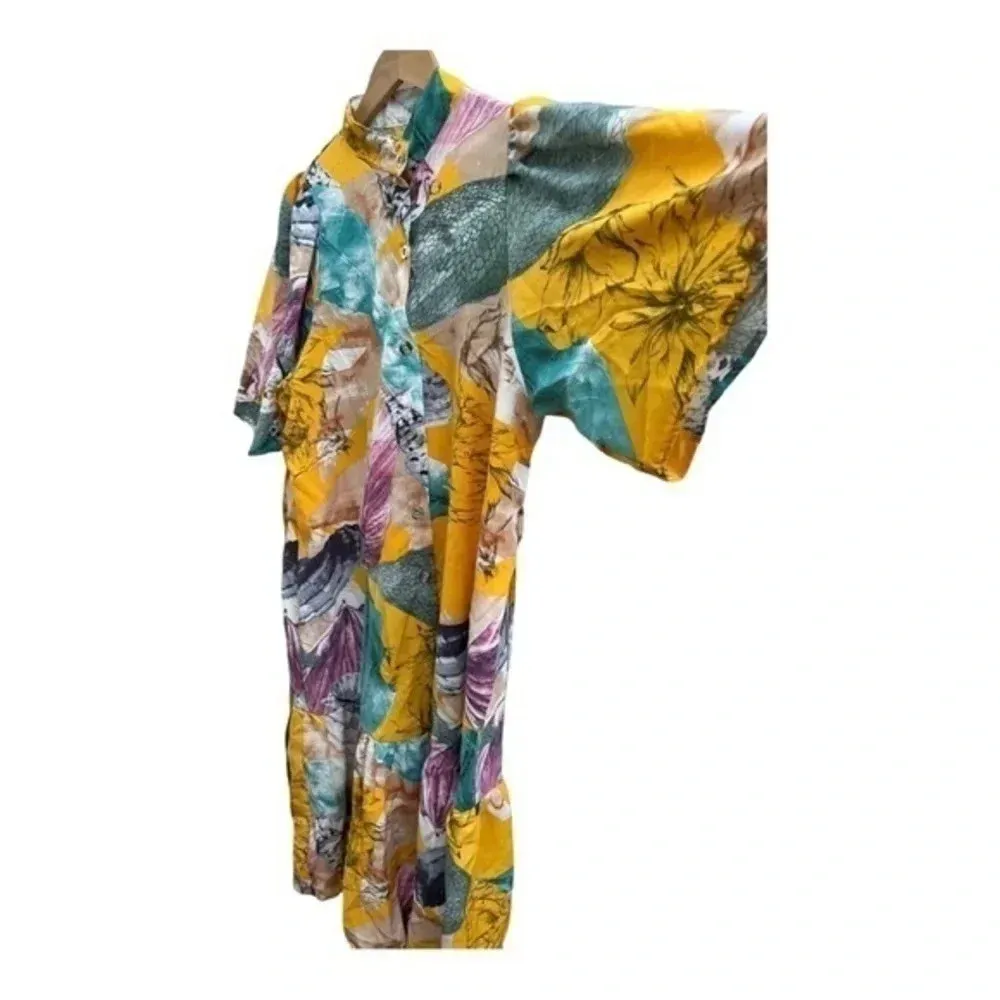 Yellow Bold Print Floral Button‎ Down Midi Dress with Ruffle Hem Size Large​​​ - Image 4