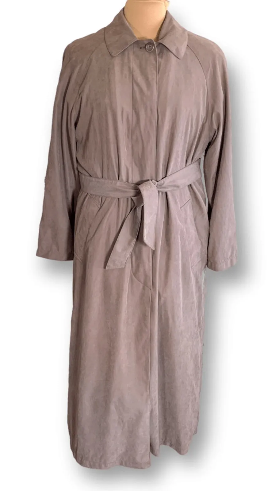 Vintage 90s London Fog Faux Suede Tan Trench Coat Belted Size 6 Zip Lining Fall - Image 1