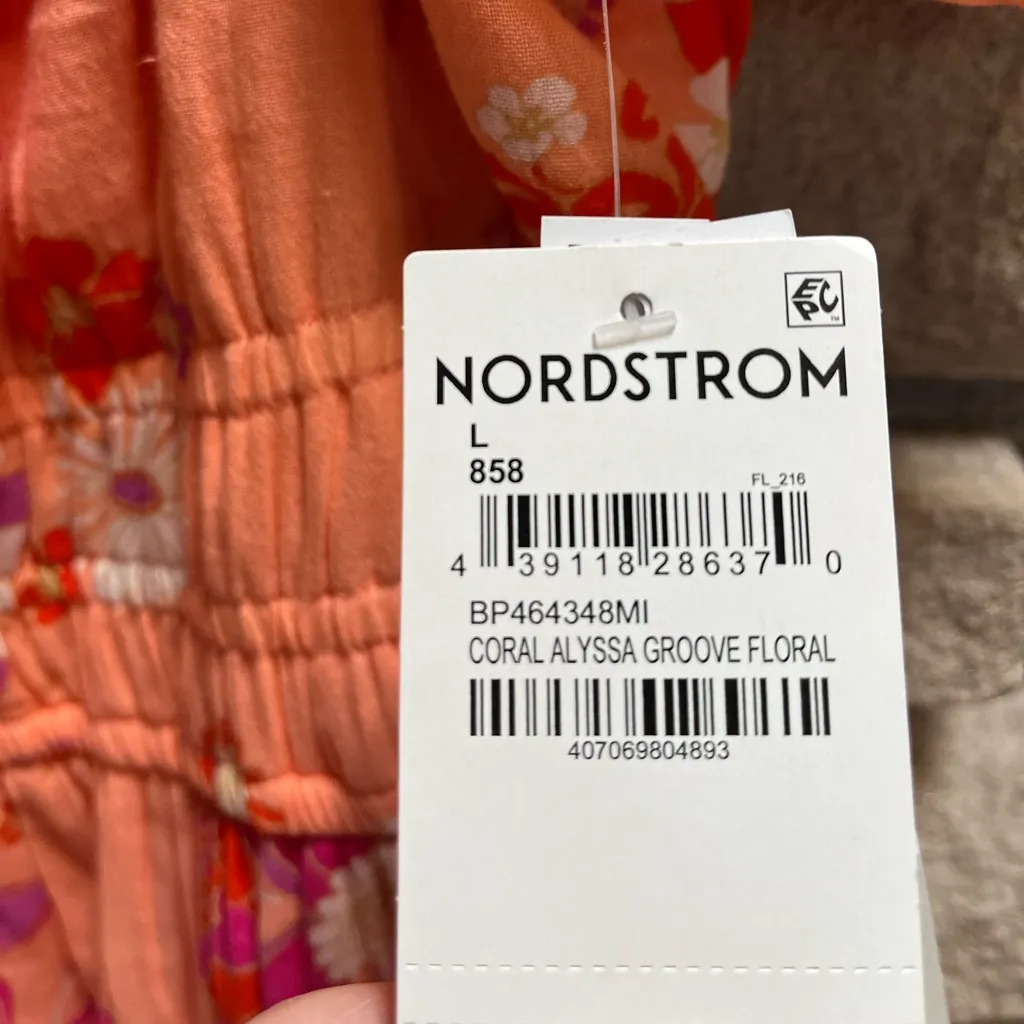 BP SHIRRED PUFF SLEEVE COTTON PRAIRIE DRESS CORAL ALYSSA GROOVE FLORAL Large - Image 7