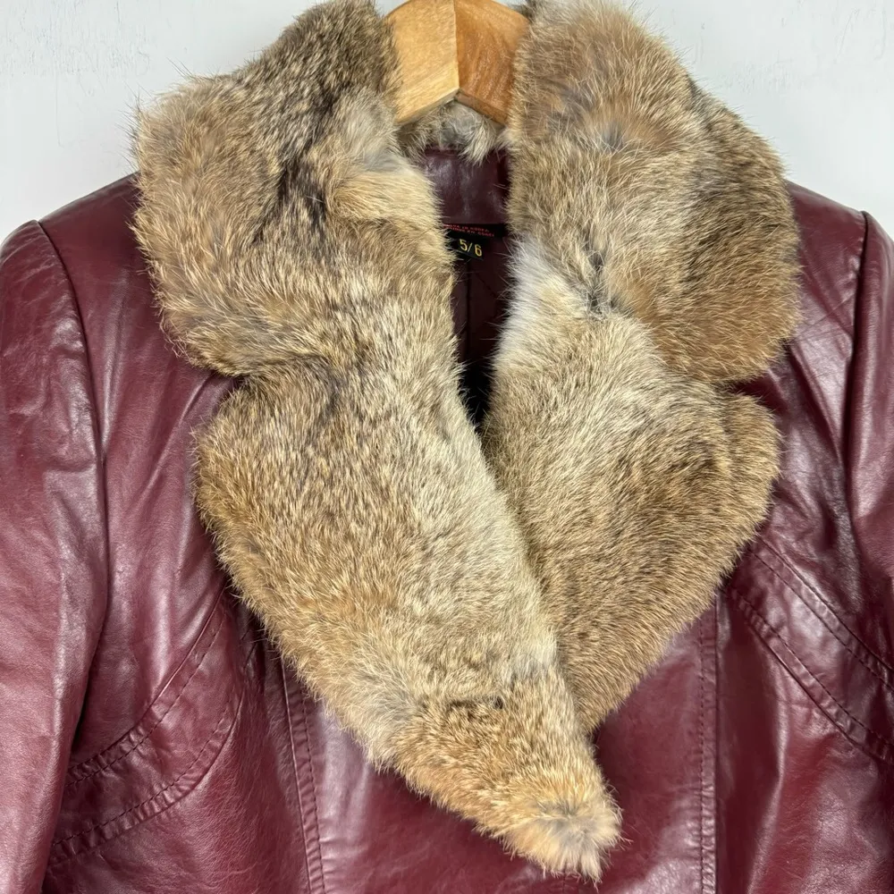Vintage Leather Rabbitt Fur Trim Trench Tie Jacket Sz 5/6 Maroon Y2K Mob Wife Red - Image 10