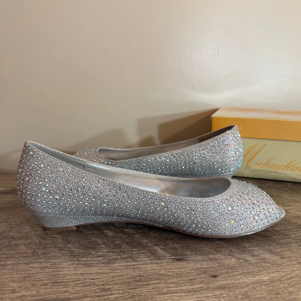 Michaelangelo David’s Bridal Silver Rhinestone Wedge Peep Toe Dress Shoes Sz 11 - Image 9