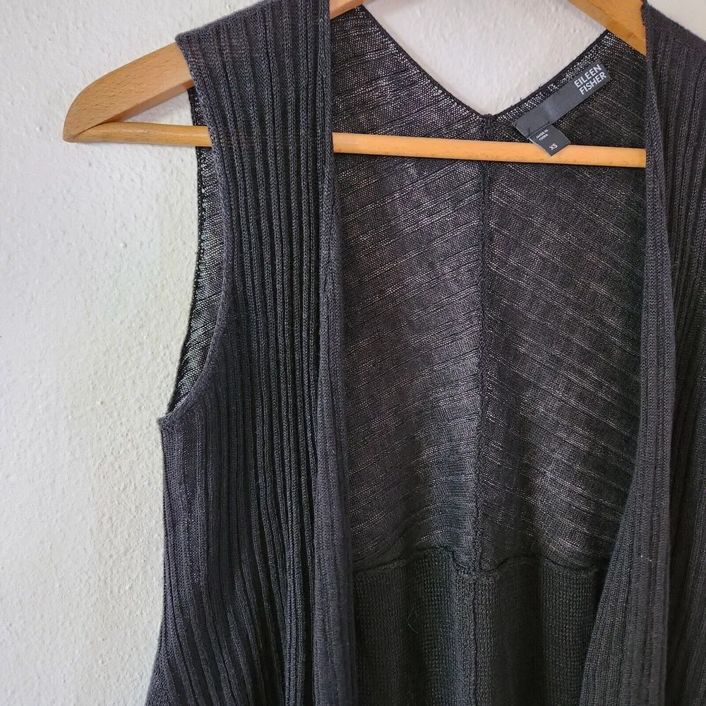 Eileen Fisher Sleeveless 100% Linen Black Cardigan Vest Open Front Knit Size XS - Image 3
