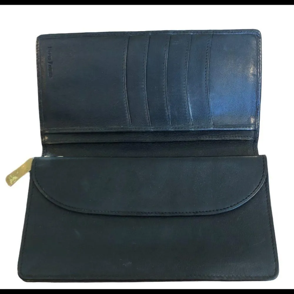 VTG  Black Leather Wallet Brass Retro Collectible Zipper Logo - Image 2