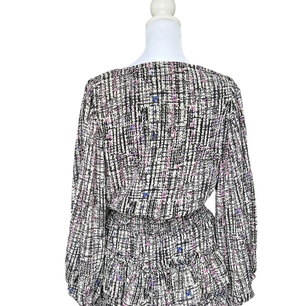 Express - NWT Abstract Print V- Neck Long Sleeve Tiered Skirt Mini Dress Sz S - Image 6