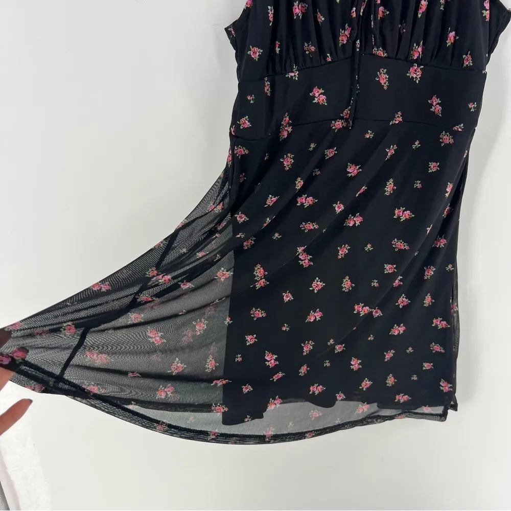 No‎ Boundaries Sheer Mesh Sweetheart Ruffle Trim Floral Print Babydoll Dress - Image 7