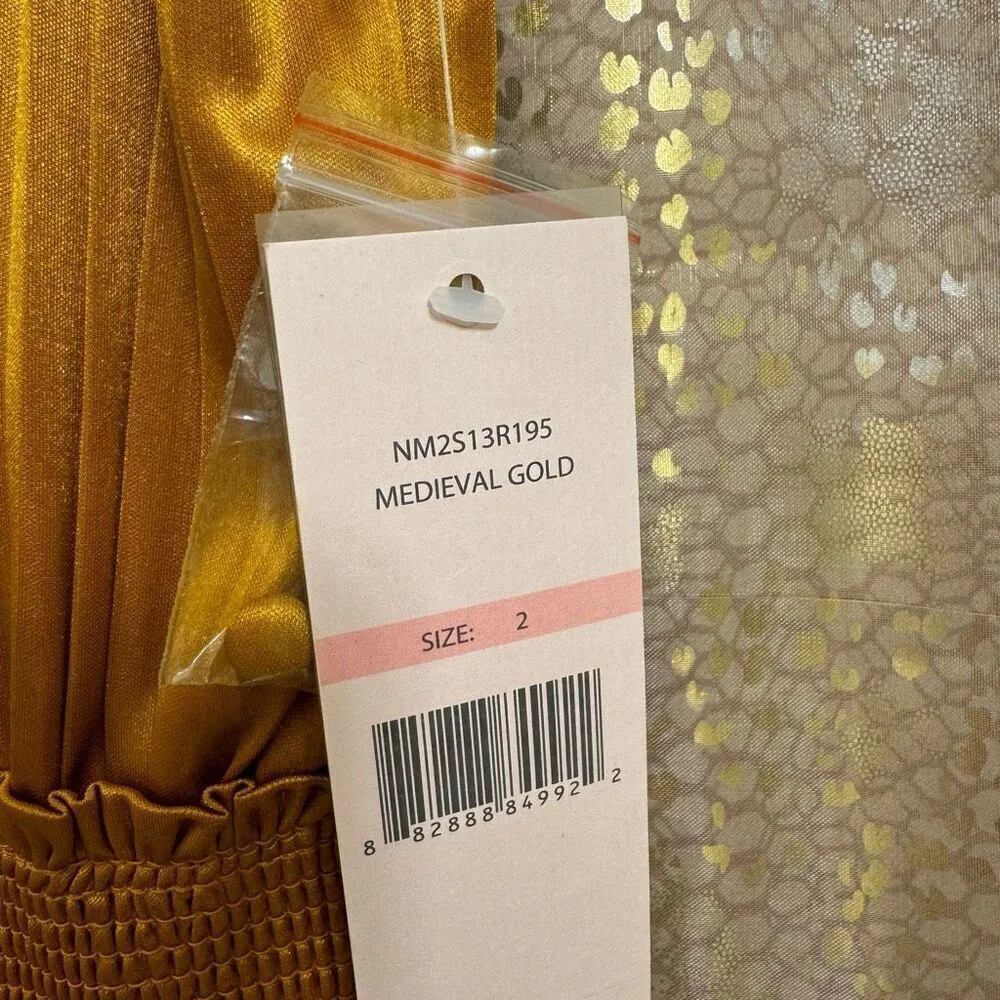 Nanette Lepore Medieval Gold Pleated High Neck Smocked Dress 2 NWT - Image 6