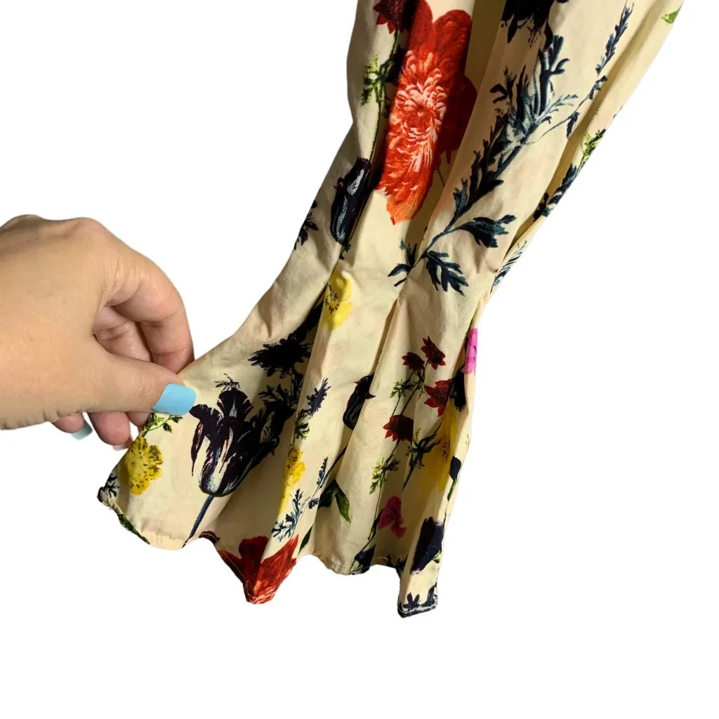 H&M Floral Bell Sleeve Crop Top 4 Beige Tie Front Key Hole Button Round Neck - Image 4