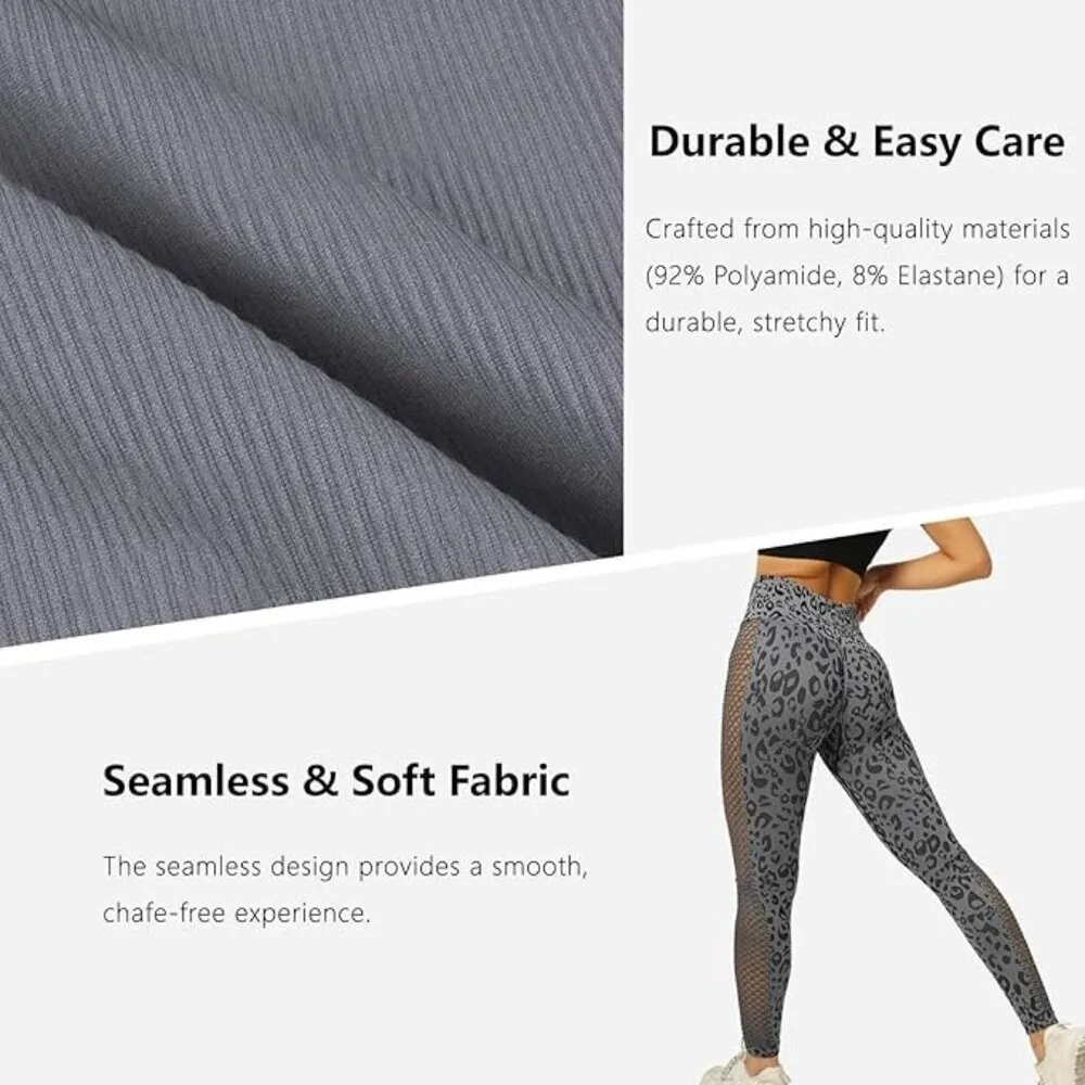 JBT High Waisted Tummy Control Leggings Soft Compression Lifting Sz Med Leopard Gray - Image 5