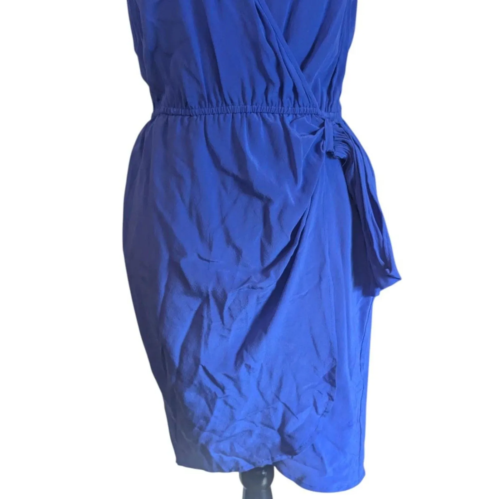 BLOSSOM & HONEY Royal Blue 100% Silk Faux Wrap Mini Dress Small - Image 3