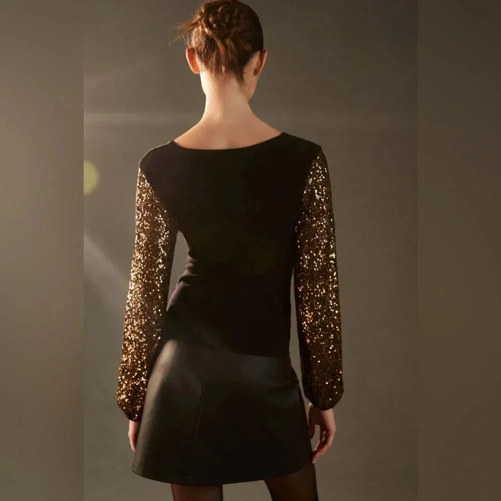 Anthropologie Bl-nk London Gold Sequin Sleeve Sweater Size XXS NWT Flawed Gem - Image 2