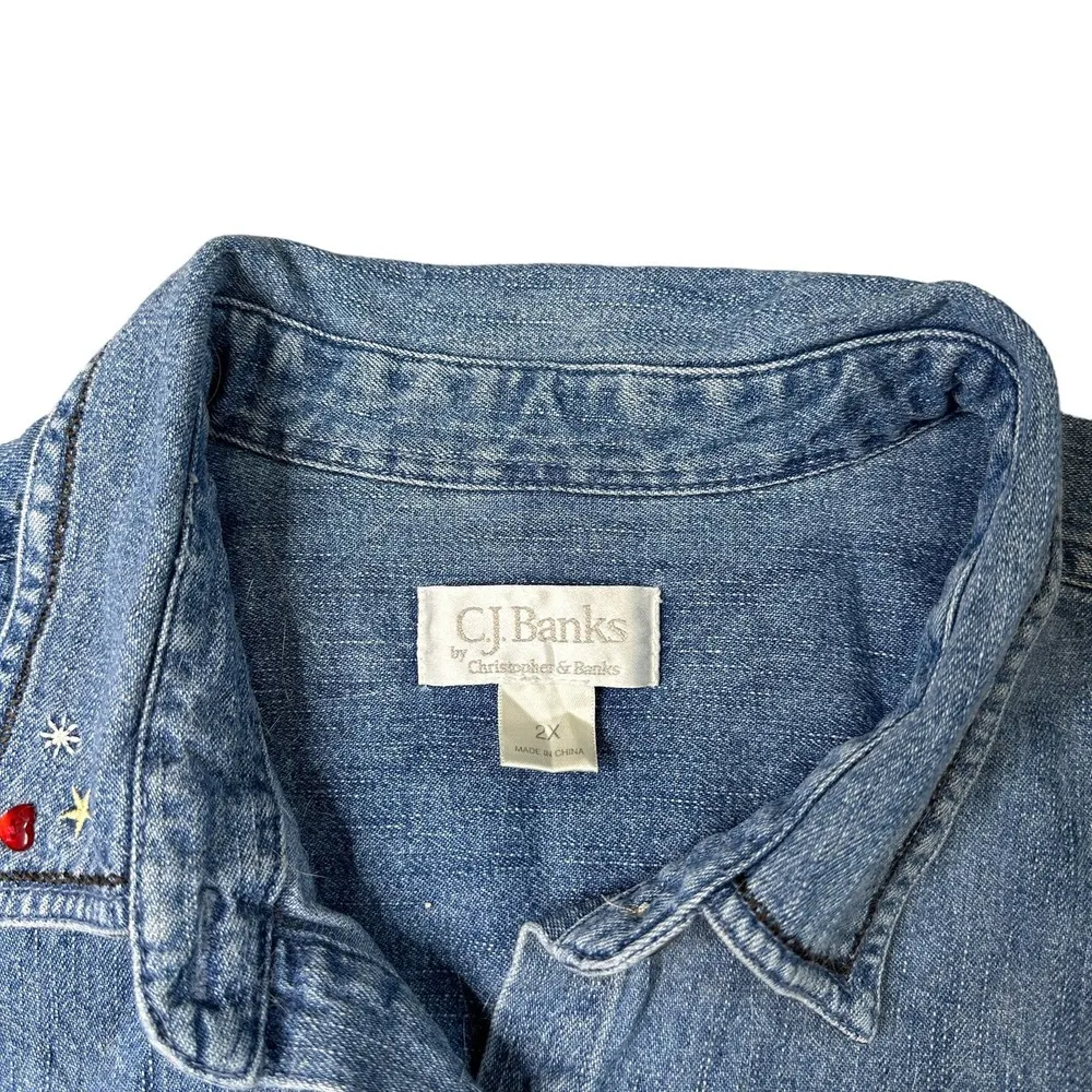 Vintage CJ Banks Denim Christmas Button Down Shirt 2XL - Image 5