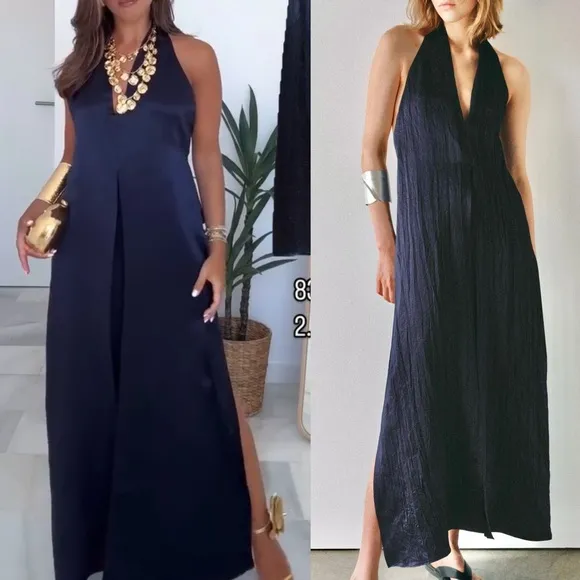Zara NWT navy blue satin v neck halter top neck open back flowy midi dress - Image 2