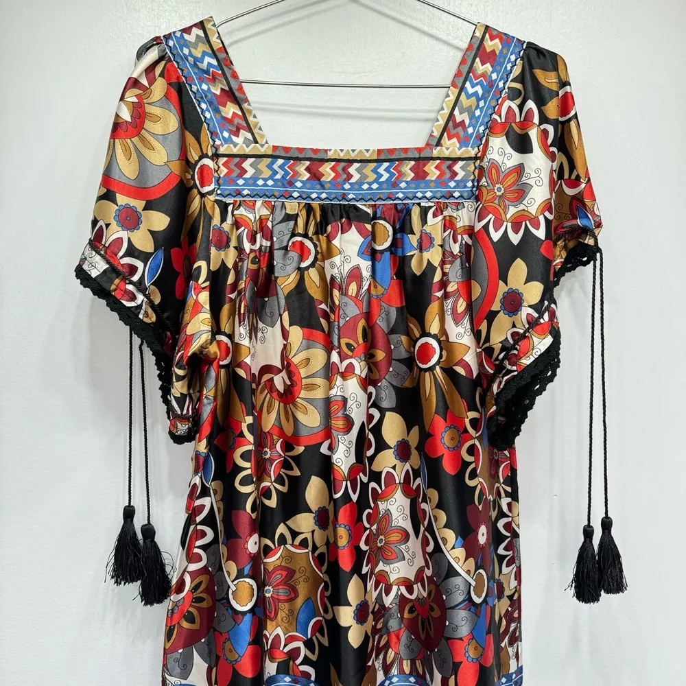 Funky People Satin Boho Jewel Tone Floral Print Tunic Dress with Tassels S - Image 2