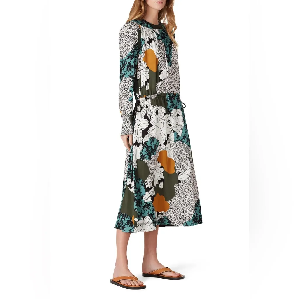 By Malene Birger Floral Print Abstract Print Long Sleeve Midi Dress EU 40 US 10 Green Size undefined - Image 2